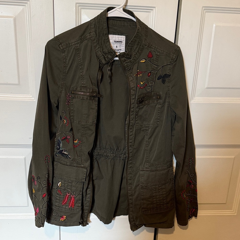 Sonoma Olive Embroidered Jean Jacket